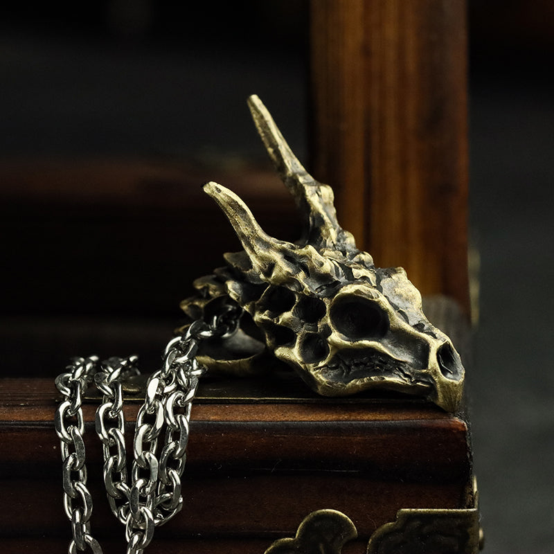 Sterling Silver Brass Vintage Dragon Skull Necklace For Men And Women