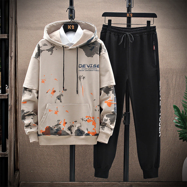 Printed Kangaroo Pocket Sports Hooded Sweater jumpSuit Men