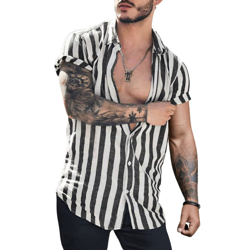 Camisa de manga corta de lino con cárdigan a rayas y solapa para hombre