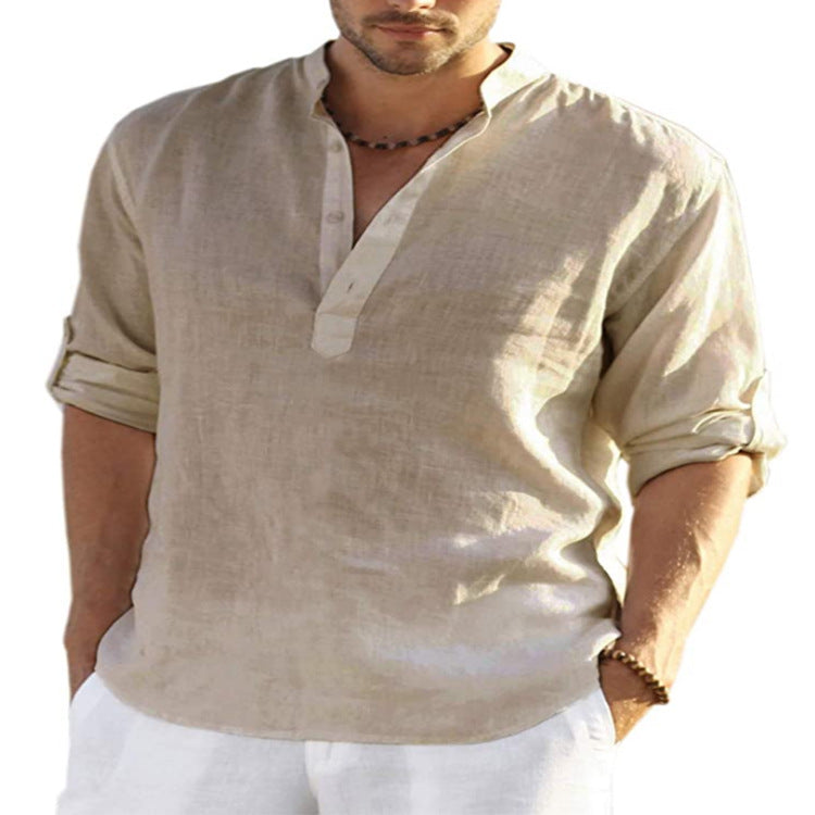 Men's Casual Cotton Linen Stand Collar Summer Shirt