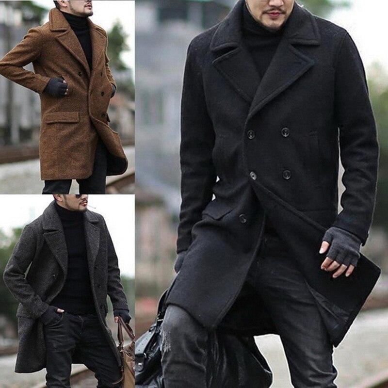 Double-breasted mid-length men's lapel woolen trench coat