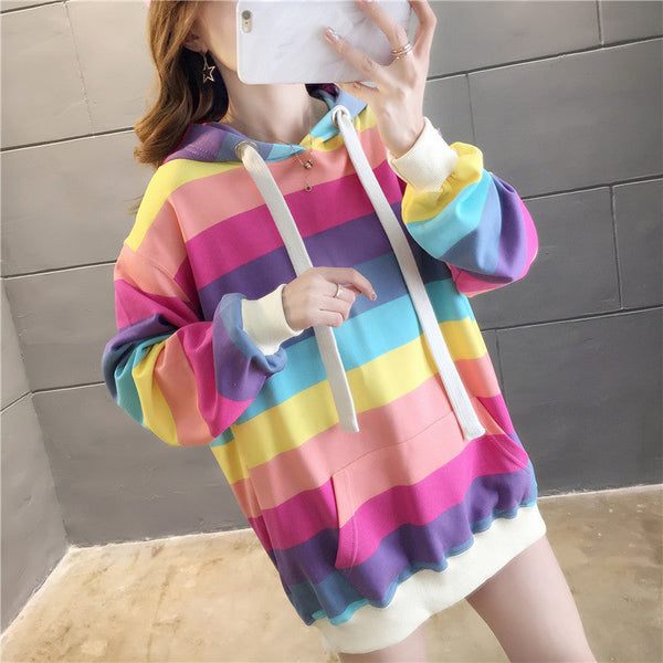 Rainbow Stripes Loose Hooded Sweater
