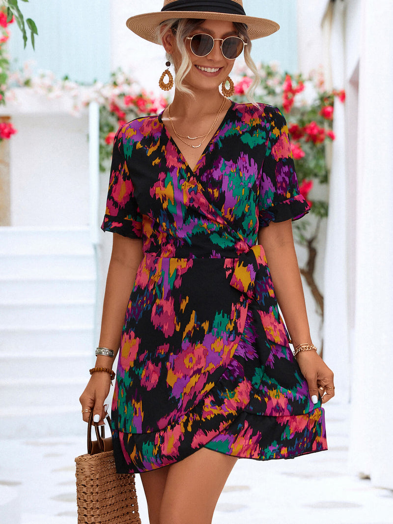 Printed Flounce Sleeve Tied Dress