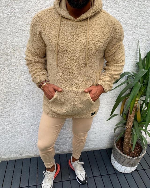 Hooded lamb wool sweater with fleece pockets