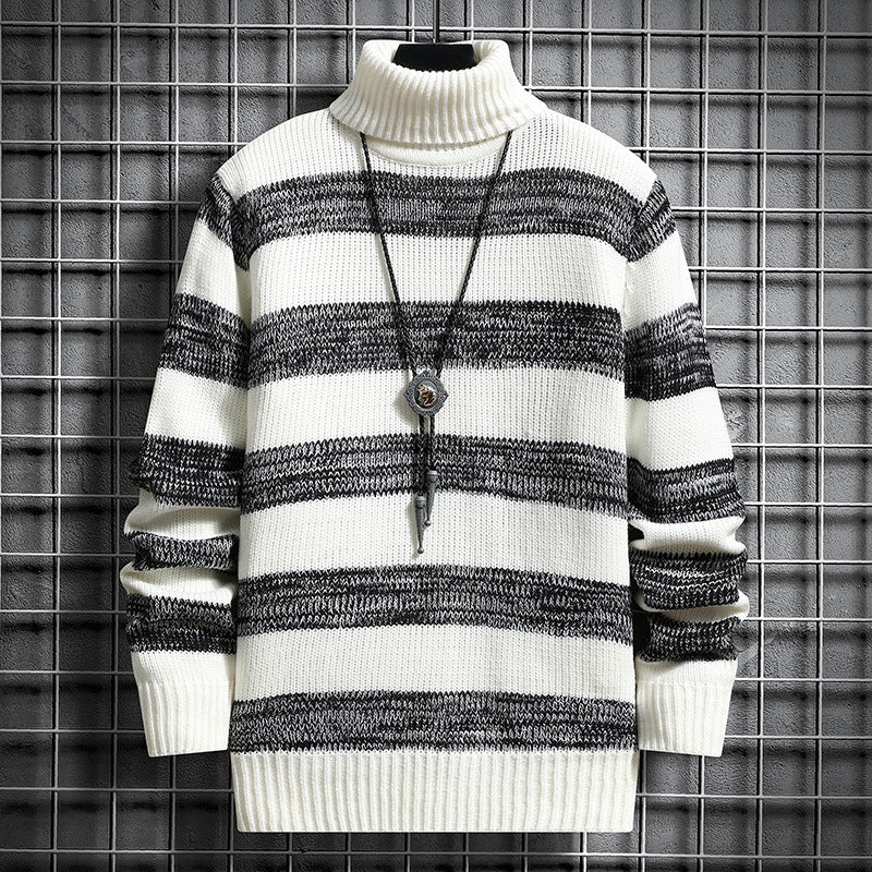 High-neck Men's Long-sleeved Trendy Slim Striped Sweater