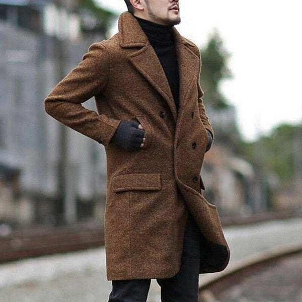 Double-breasted mid-length men's lapel woolen trench coat