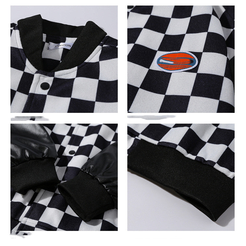 Retro Checkerboard Stitching Baseball Uniform Jacket Men