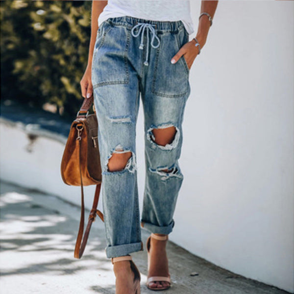 Ripped Lace-Up Denim Trousers