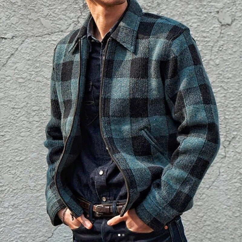 Lapel plaid long sleeve jacket