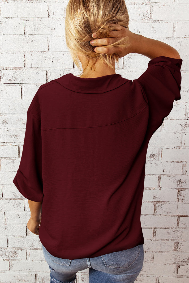 Blusa texturizada de manga tres cuartos con cuello Johnny