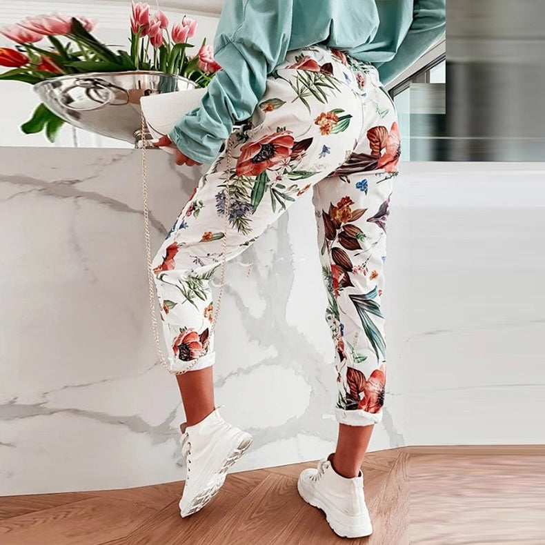 Pantalones casuales sexys para mujer, pantalones elásticos con estampado floral y correas de bolsillo