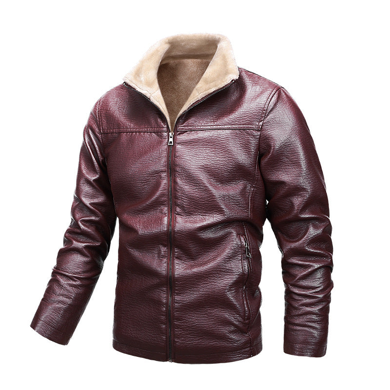 Men Stand Up Collar Plus Velvet Leather Casual jacket