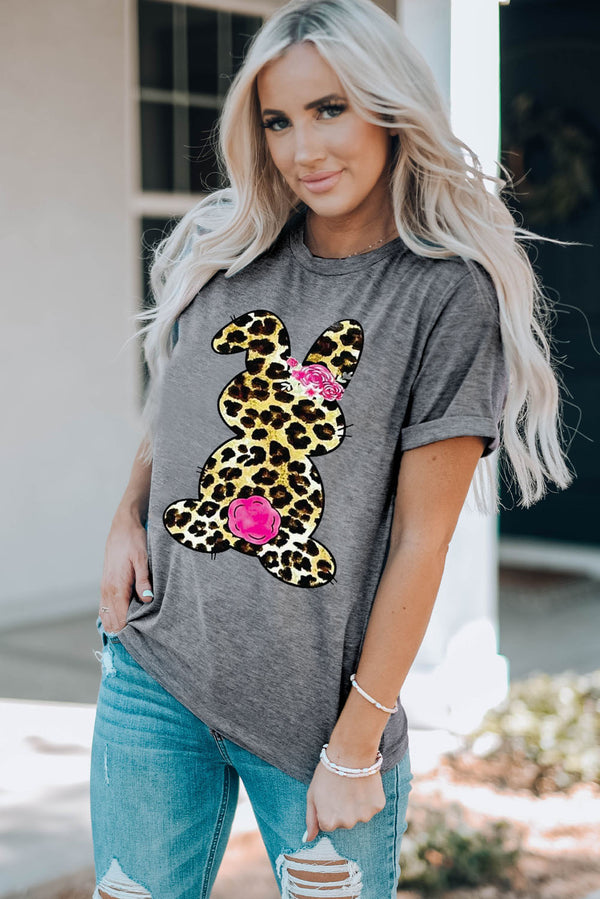 Camiseta con puños y estampado de conejito de leopardo
