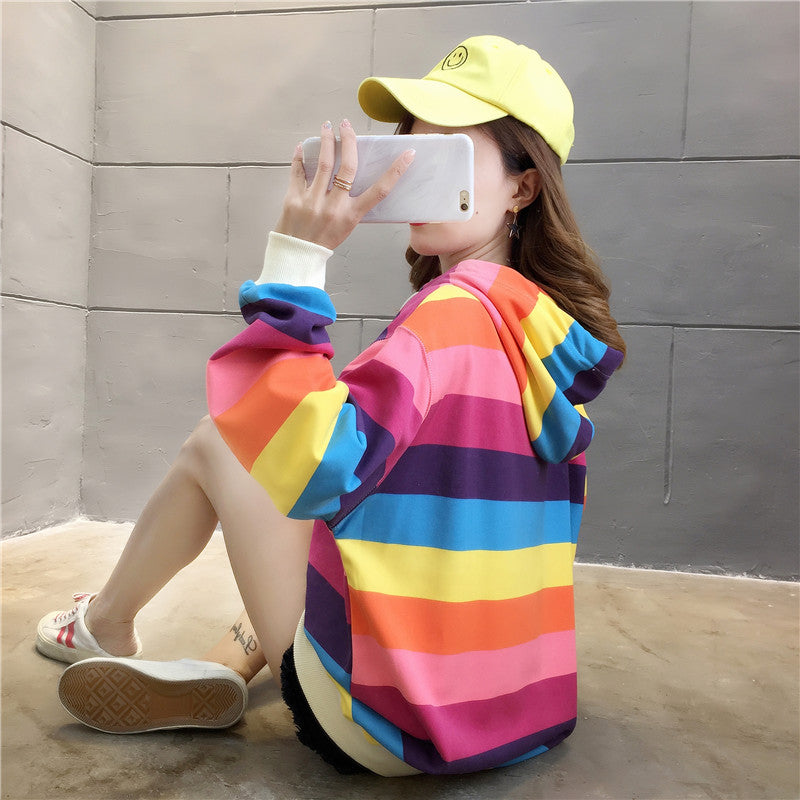 Rainbow Stripes Loose Hooded Sweater