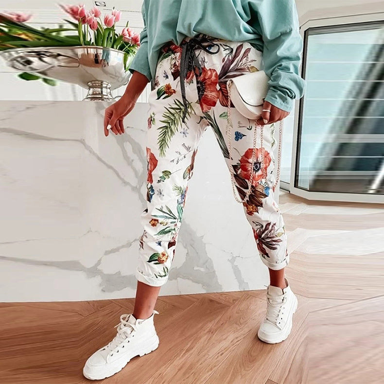 sexy Women Casual Trousers Pocket Straps Floral Print Stretch Pants