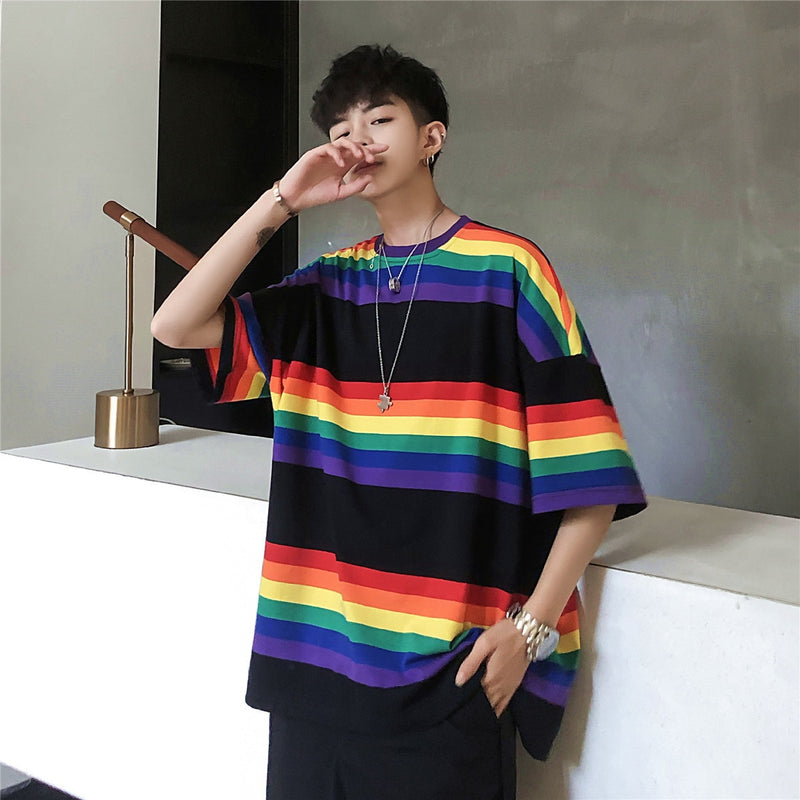 Striped contrast short-sleeved T-shirt