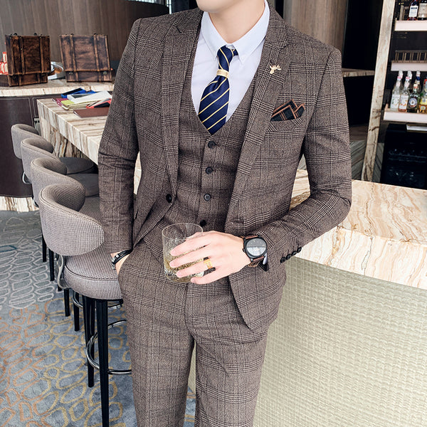 Slim-fit plaid Three-piece Casual Suit for men