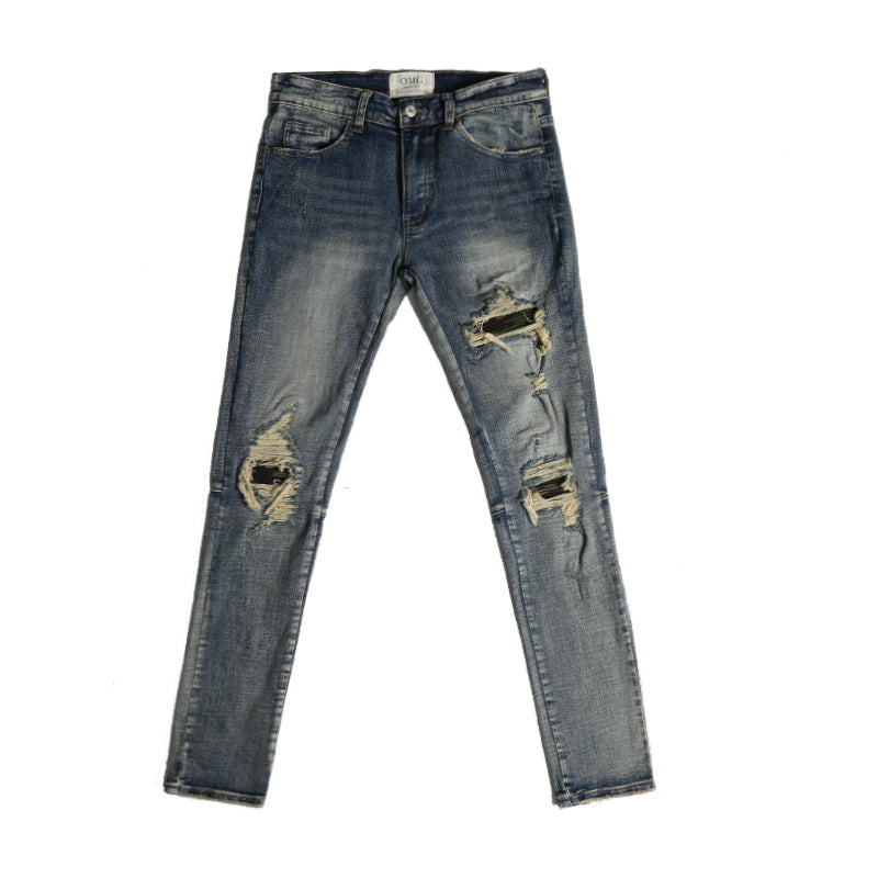 High Street Tide brand wash water hole patch jeans