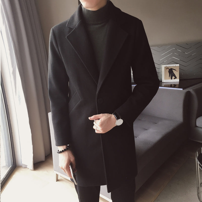 Men's korean mid-length woolen trench coat