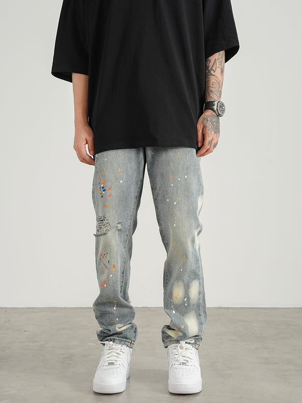 Knife Cut Ink Paint Straight Loose Jeans Men