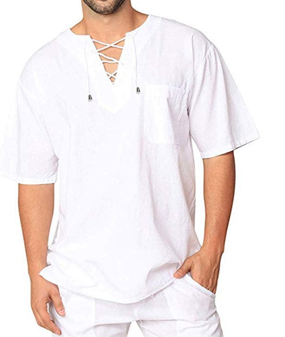 Camisa de manga corta para hombre de lino y algodón con lazo y ojales