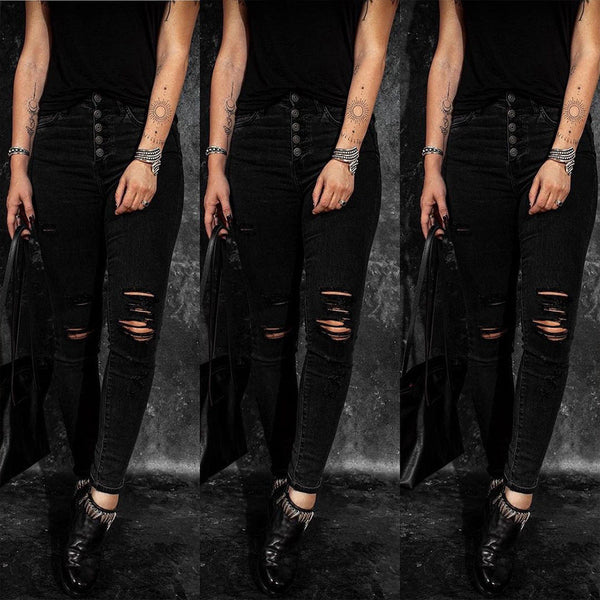 Black Ripped Stretch High Waist Jeans