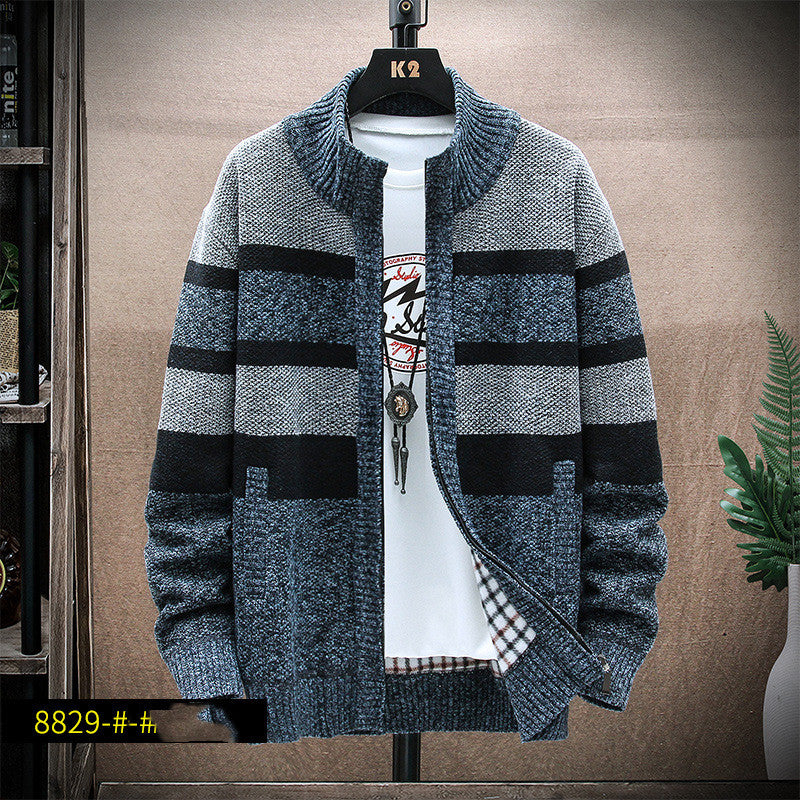 Stand-up Collar Striped Men's Plus Fleece Sweater