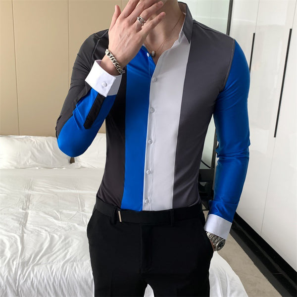 Camisa de vestir formal a rayas con bloques de color para hombre