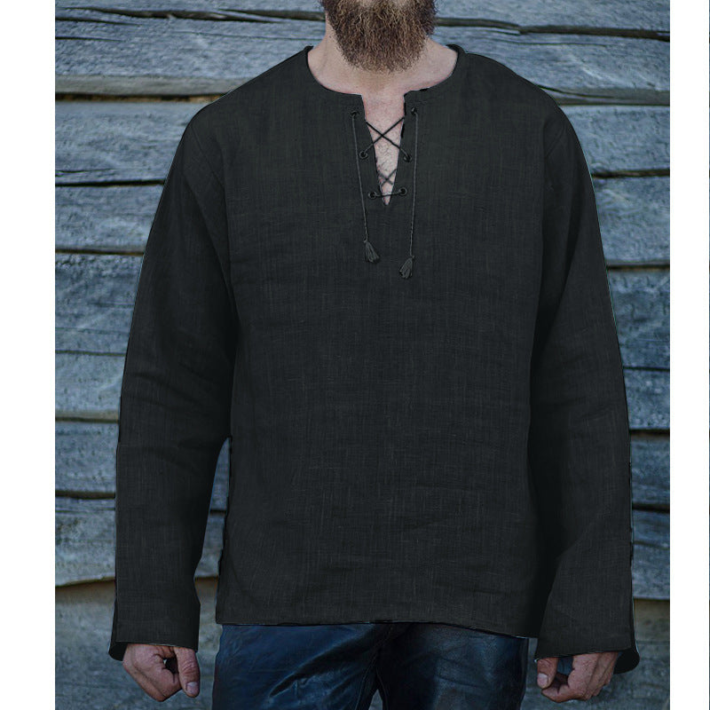 Camiseta holgada de manga larga con cuello en V y cordones para hombre
