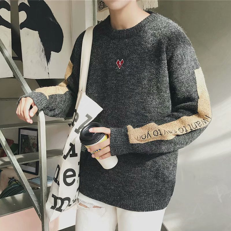 Embroidered Casual Long-sleeved Color-block Sweater