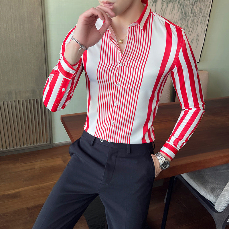 Striped Pointed Collar Non-iron Casual Ice Silk Shirt