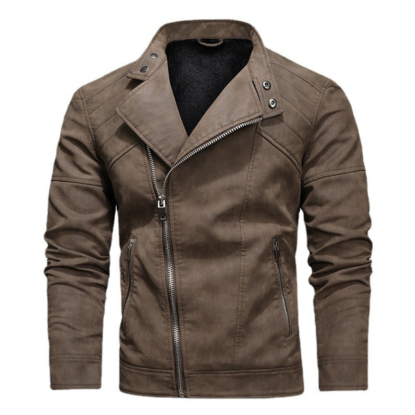 Chaqueta de cuero PU para hombre con cremallera oblicua y cuello de solapa grande