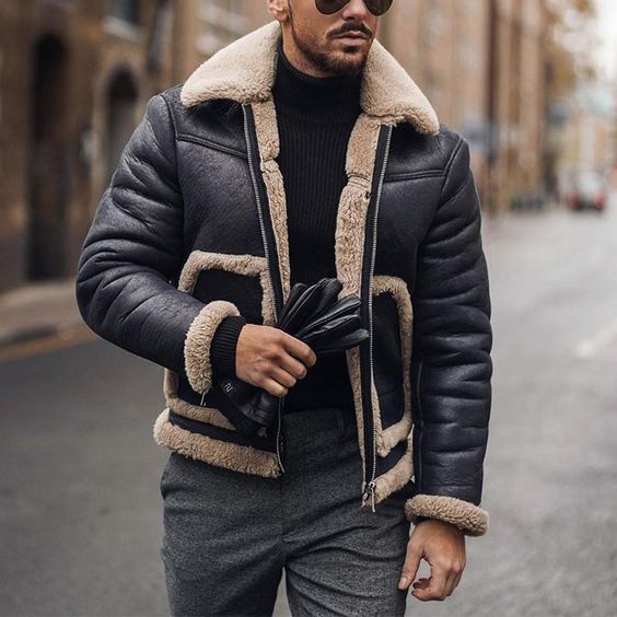 Men's Casual Coat PU Fur Integrated Jacket