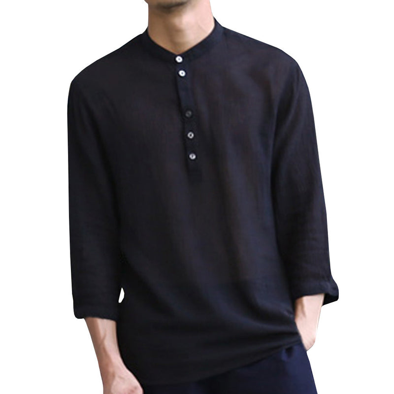 Camisa de lino con cuello en V y media manga de color liso