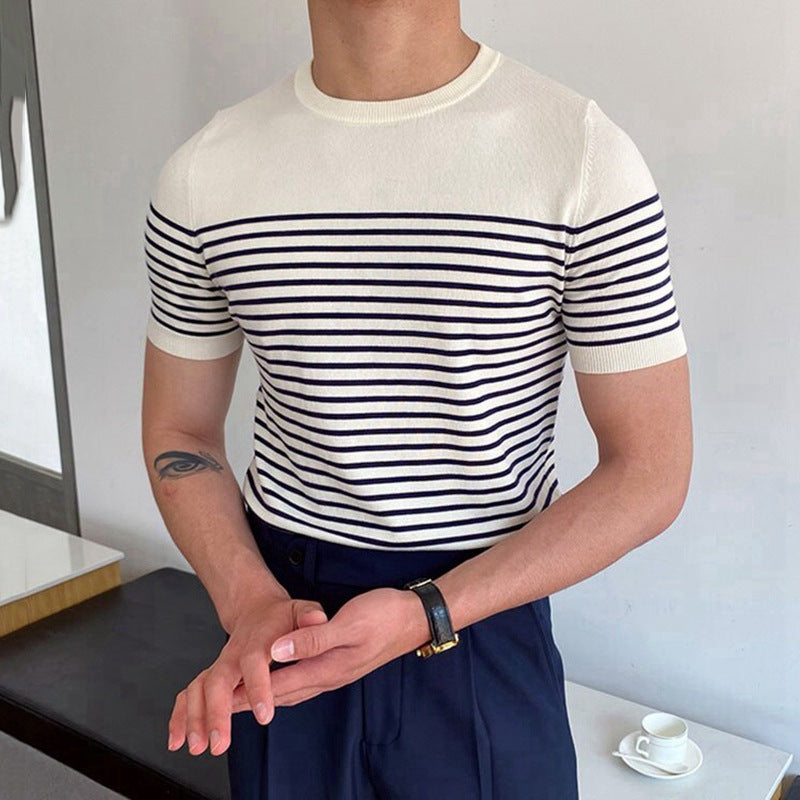 suéter de manga corta a rayas camiseta ajustada para hombre