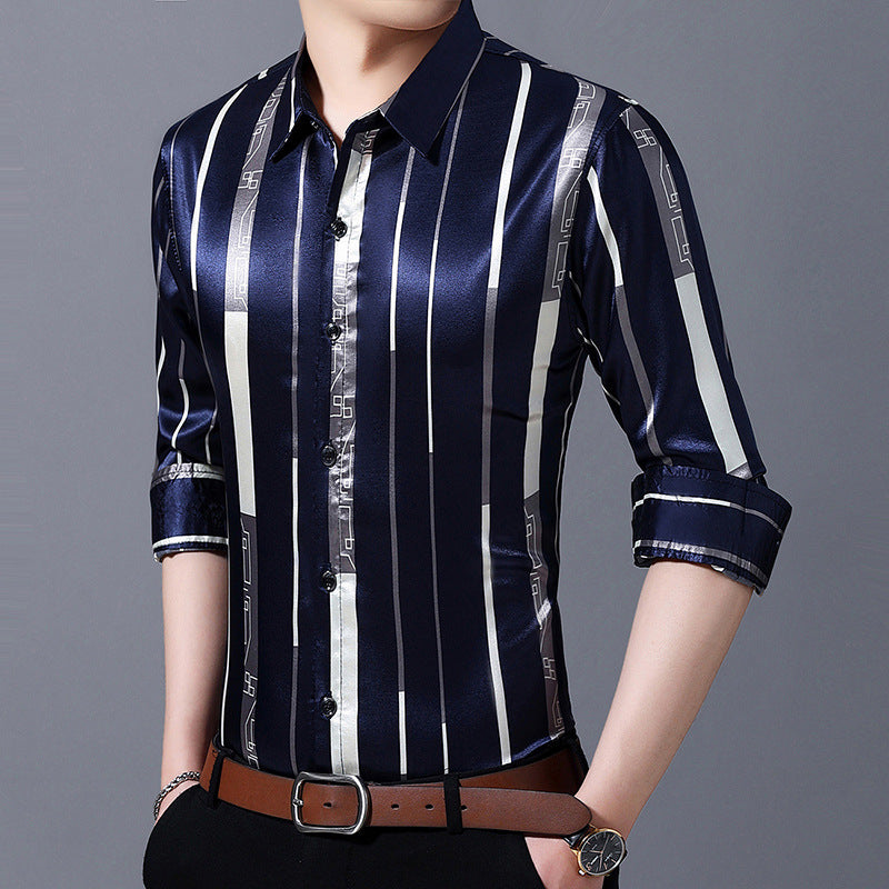 Spring And Autumn Striped  Silk Ironing Shirt Men's Long Sleeves