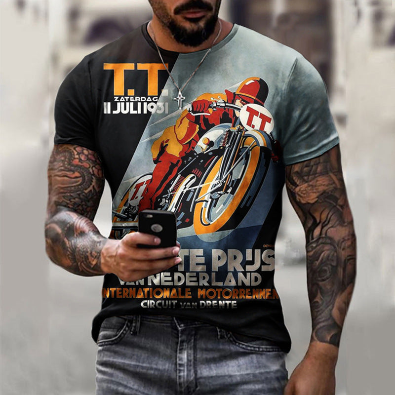 Camiseta de manga corta de verano Camisa casual de hombre con estampado de motocicleta 3D