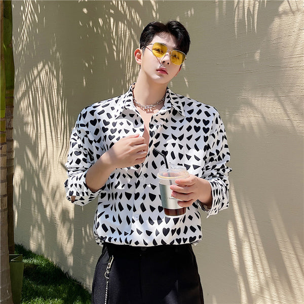 Black And White Collision Geometric Pattern Printed Shirt Men