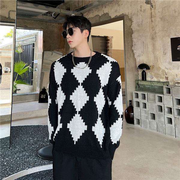 Ins Black And White Contrast Rhomboid Round Neck Knit sweater