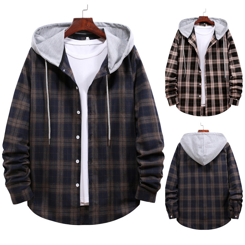 Chaqueta con capucha a cuadros de cárdigan informal juvenil de otoño para hombre