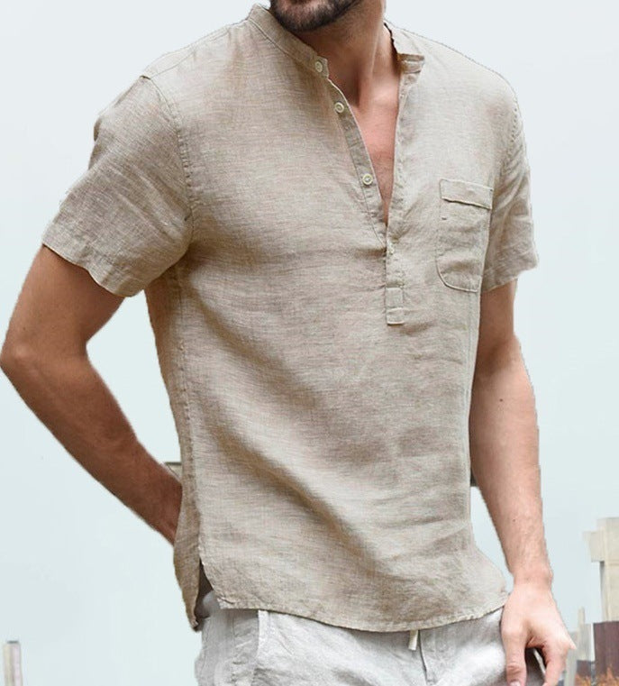 Camisa de playa casual con cuello en V y botones de lino para hombre