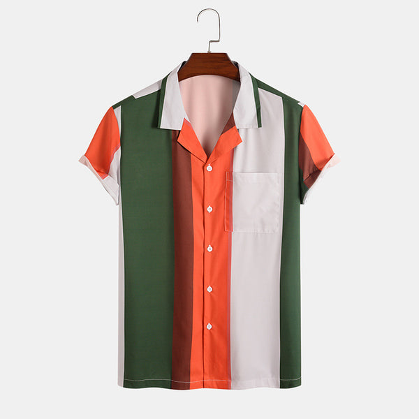 Camisa a rayas con bloques de color para hombres europeos y americanos