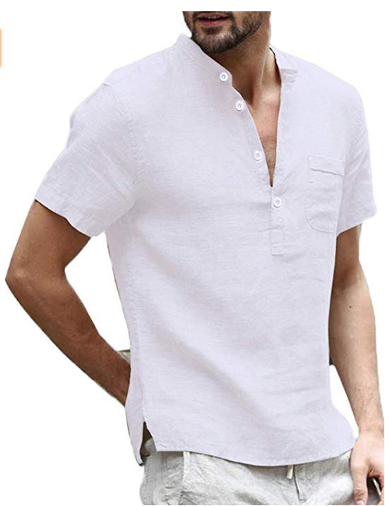 Camisa de playa casual con cuello en V y botones de lino para hombre