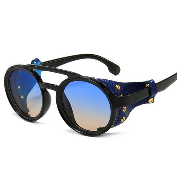 Gafas de sol de vapor punk con marco redondo retro, gafas de sol con estuche de cuero con personalidad