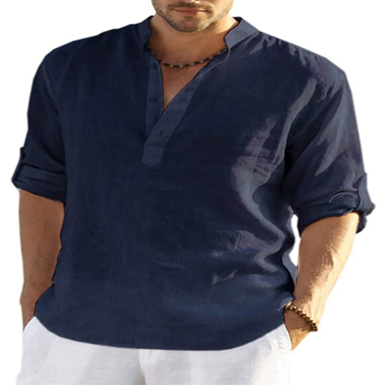 Men's Casual Cotton Linen Stand Collar Summer Shirt