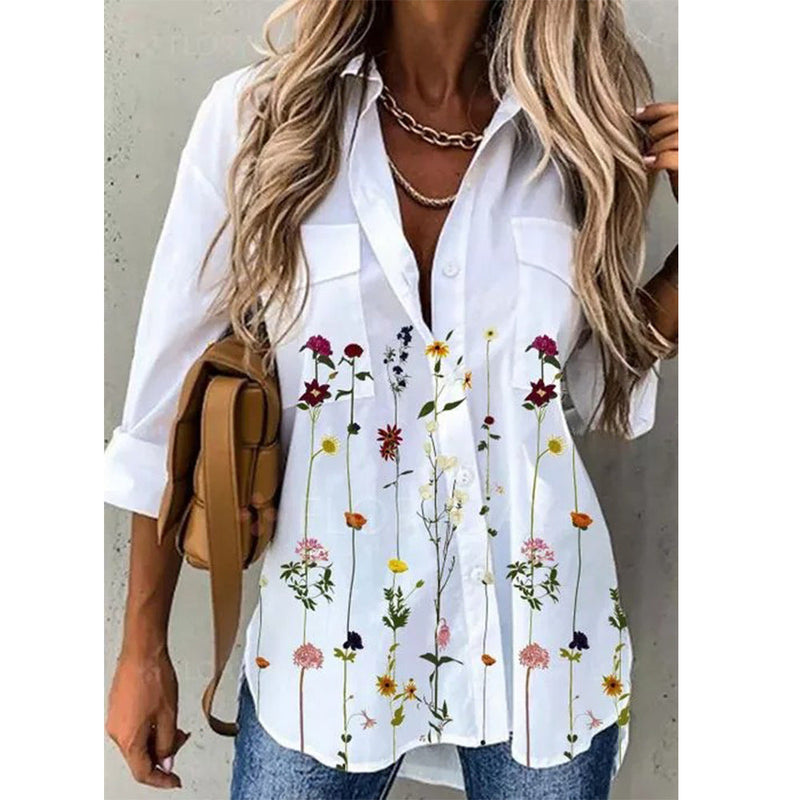 Camisa de manga larga con estampado floral suelta informal sexy para mujer