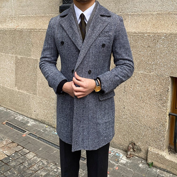 Daily Double Row Mid-length Tweed Coat Men