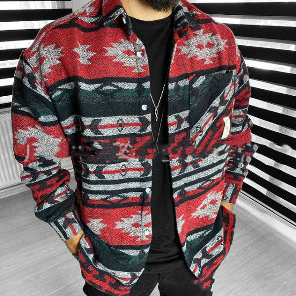 chaqueta camisera casual con estampado étnico para hombre