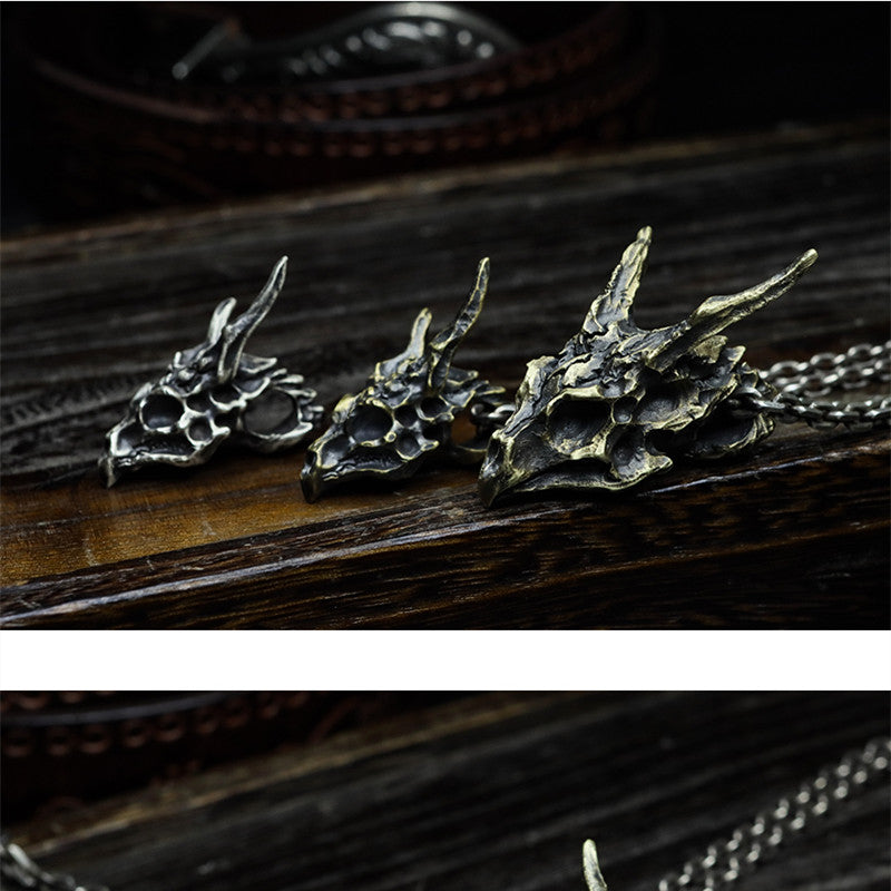 Sterling Silver Brass Vintage Dragon Skull Necklace For Men And Women