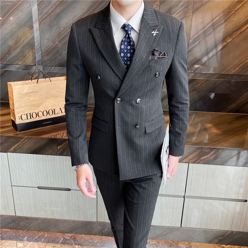 Men's Business Casual Double Breasted Striped Suit